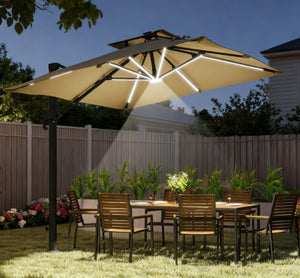 English Elm Outdoor Solar Led Cantilever Patio Umbrella with Rotating Canopy Tilt Crank Base T3971P426002
