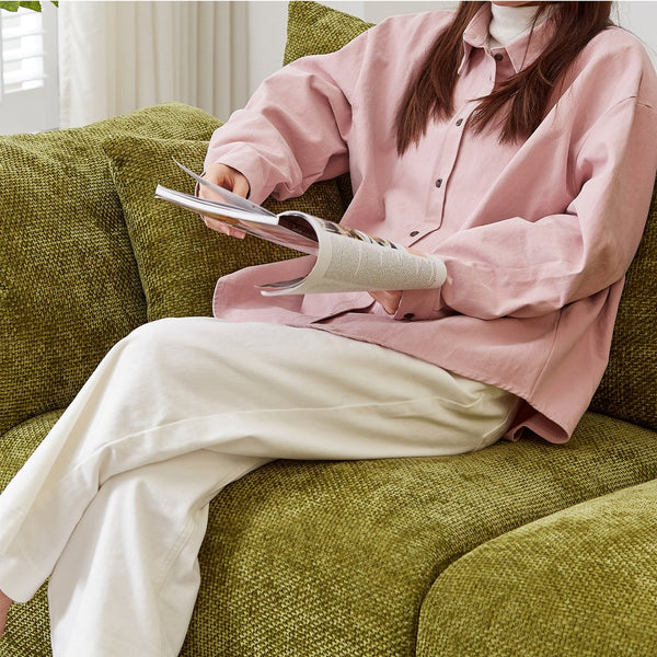 English Elm 98.5" 3-seater sofa with upholstered armrests and plush cushions, modern linen sofa with high weight capacity Green W1193S00142