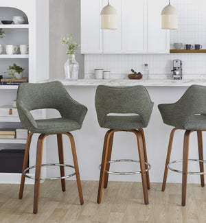 English Elm Fixed-height Swivel Barstools Mid-century Walnut Bentwood Frame Grey Upholstered Set B202S01927