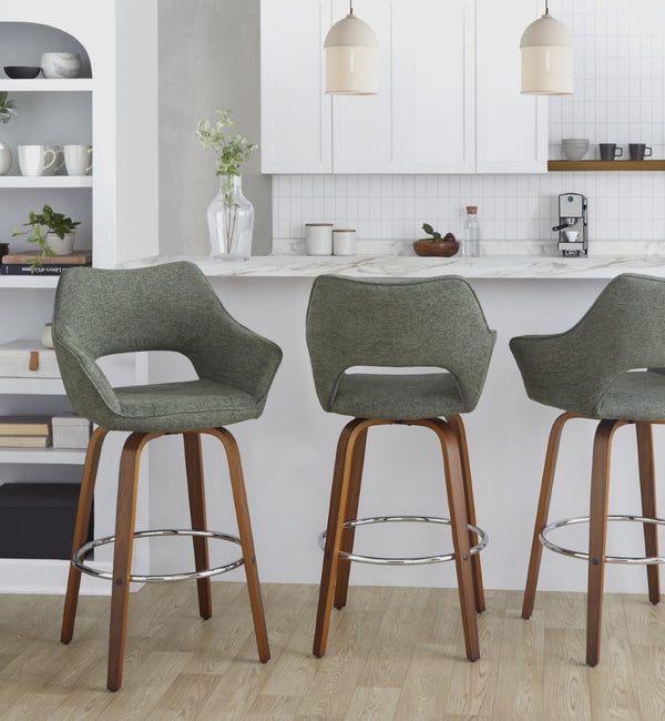 English Elm Fixed-height Swivel Barstools Mid-century Walnut Bentwood Frame Grey Upholstered Set B202S01927