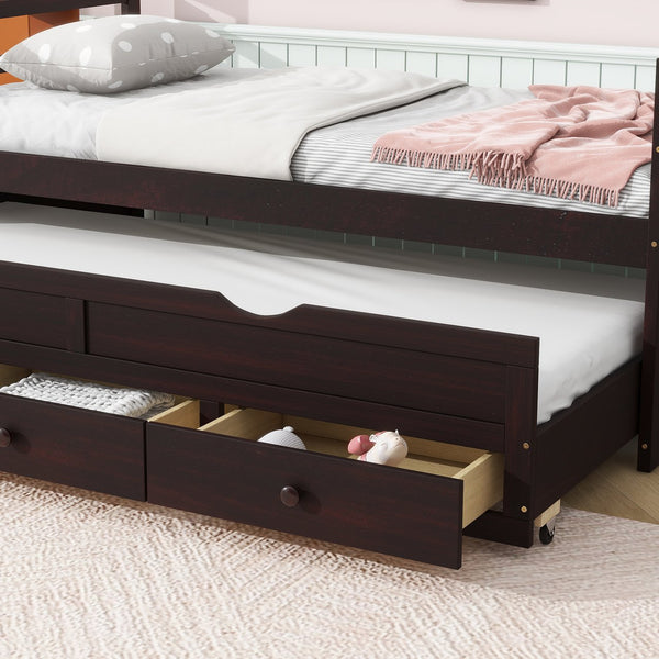 English Elm Twin Twin Size Bed with Trundle and Three Storage Drawers, Space-Saving Pine Frame with Classic Headboard Espresso W504P197165