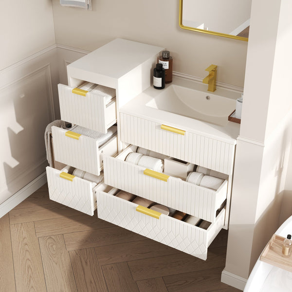 English Elm 24inch Bathroom Vanity with Sink - Wall-Mounted Floating Combo with Ceramic Basin, Modern L-Handle Design White N710S324097K