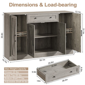 English Elm Buffet Sideboard 55 Inch Farmhouse Credenza with Barn Doors Drawer and Open Shelving Gray T5618P451111