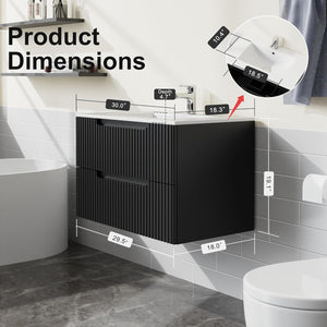 English Elm Goodyo 30 Inch Wall Mounted Bathroom Vanity with Ceramic Sink, Soft-Close Drawers & Spacious Storage Black W1223S00034