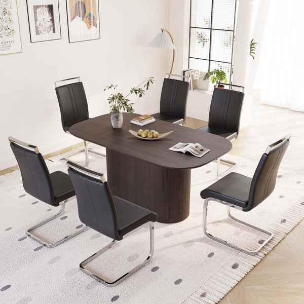English Elm 63" Mid-Century Modern Brown Mdf Dining Table With 6 Armless Pu Chairs For Stylish Home & Kitchen W2189S00678