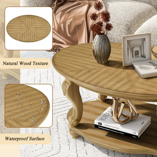 English Elm 42'' Oval Two-tier Wood Cocktail Table with Carved Floral Detail and Open Shelf W1202P318405