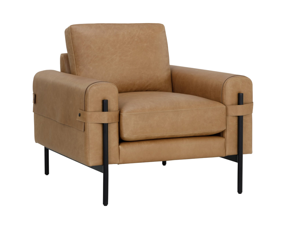 Sunpan Camus Armchair - Luxurious Ludlow Sesame Leather with Playful Strap Detailing and Black Iron Legs