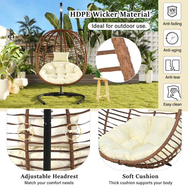 English Elm U_style Wicker Hanging Egg Chair with Stand Foldable Indoor Outdoor Swing Seat Brown+Beige N711P389503K