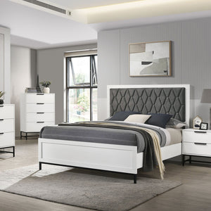 English Elm Taraval White Queen Upholstered Bed with Hexagon Tufted Dark Gray Headboard, Streamlined Frame, Modern Appeal B062S01308