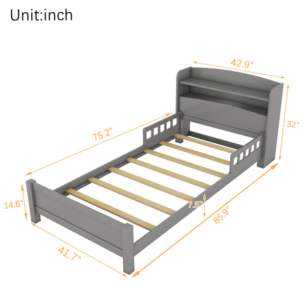 English Elm Twin Pine Wood Bed with Bookcase Headboard LED Motion Sensor Light Guardrails Ample Storage Space Grey W504P277595