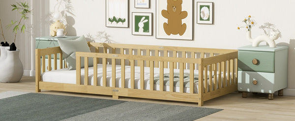 English Elm Twin Low Profile Rubberwood Floor Bed with Full Safety Fence for Toddler Rooms Natural W504P429336