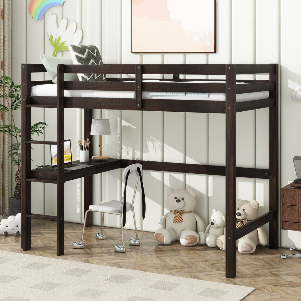 English Elm Twin High Loft Bed with Built-In Desk & Ladder, Espresso Rubberwood, Safety Guardrail, Space-Saving 90 W504P283513