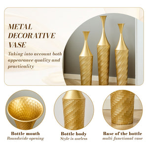 English Elm 3-piece Handcrafted Metal Floor Vase Set Matte Finish Architectural Trio for Entryway Gold W2796P446201