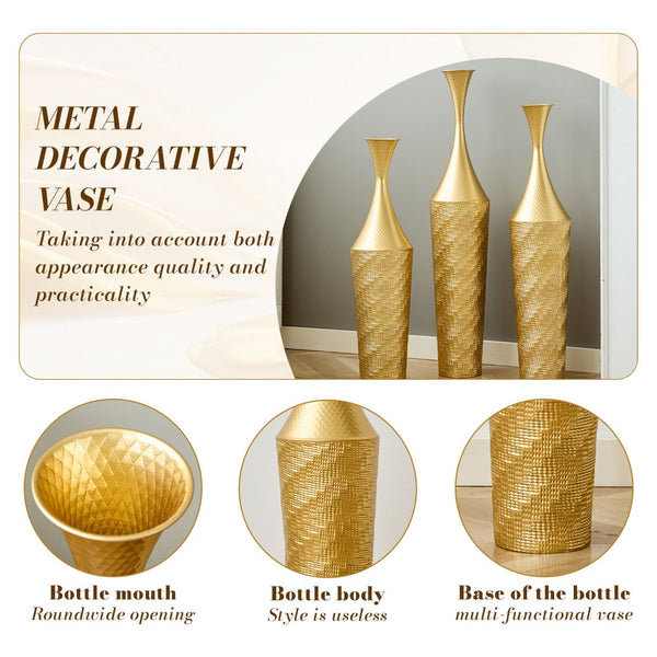 English Elm 3-piece Handcrafted Metal Floor Vase Set Matte Finish Architectural Trio for Entryway Gold W2796P446201