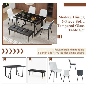 English Elm Table Modern Black Marble Pattern Dining Set - 6-Piece With Pu Chairs & Bench For Elegant Dining W1151S03579-GIGA