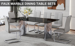 English Elm Table And Chair Set - Modern Glass Top With Black Marble Design And 6 Light Gray Pu Chairs For Dining W1151S02605-GIGA
