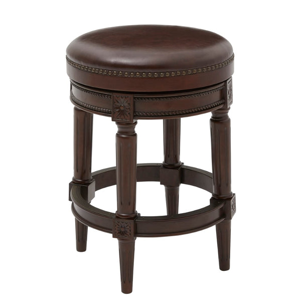 English Elm 26in. Faux Leather Swivel Barstool Nailhead Trim Carved Wood Counter Height Kitchen B2751P436436