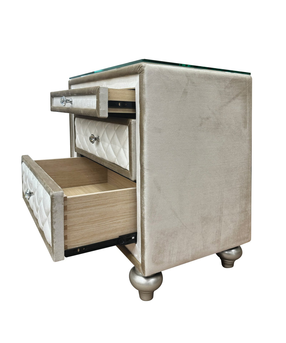 English Elm Lucienne Beige Velvet Nightstand with Tufted Velvet-Lined Drawers, 3-Drawer Luxe Accent Table, 70lb Top B2726P294448