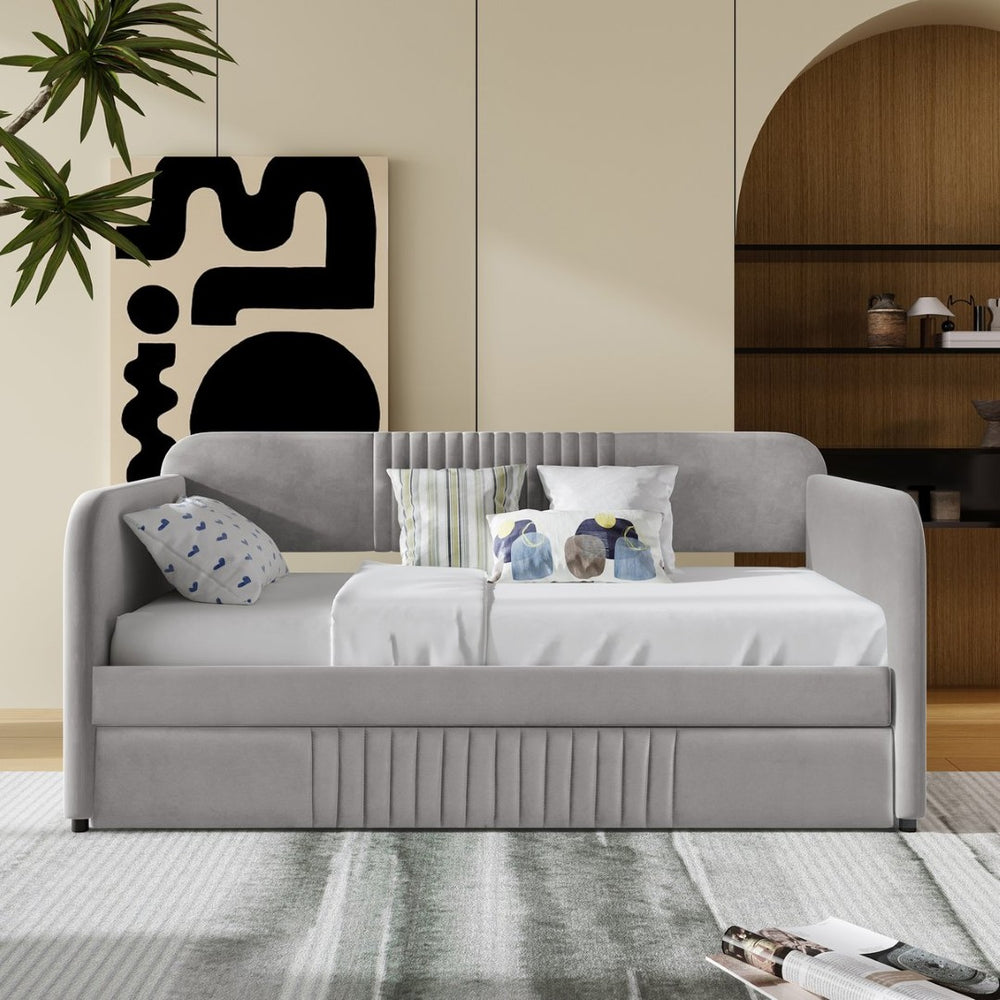 English Elm Upholstered Velvet Twin Daybed with Pull Out Trundle Sofa for Guest or Kids Room LP100127AAE