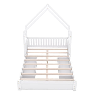 English Elm Wood Queen Size House Platform Bed with Guardrail and 2 Drawers — Charming Kids’ Playful Storage Bedframe White GX000726AAK