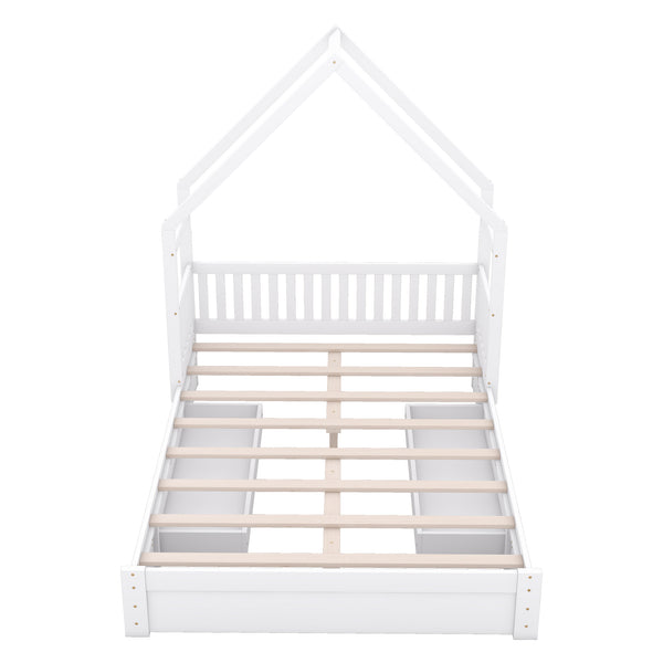 English Elm Wood Queen Size House Platform Bed with Guardrail and 2 Drawers — Charming Kids’ Playful Storage Bedframe White GX000726AAK