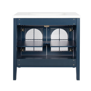 English Elm 35.6" Freestanding Bathroom Vanity with Roman Column Base and Ceramic Integrated Sink Blue W1801S00013
