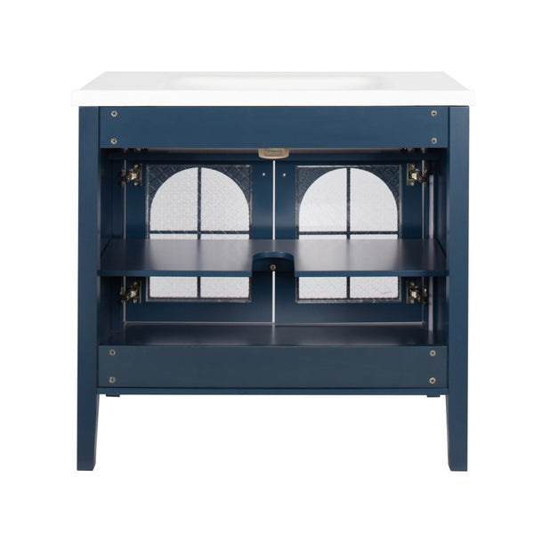 English Elm 35.6" Freestanding Bathroom Vanity with Roman Column Base and Ceramic Integrated Sink Blue W1801S00013