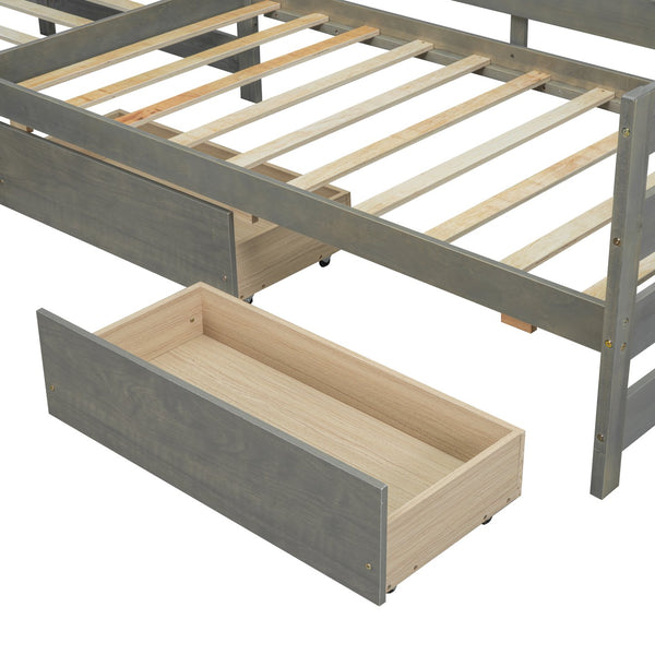 English Elm Twin L-Shaped Platform Bed with Three Spacious Drawers, Solid Pine & MDF, Clean-Lined Design Gray N7090000468E