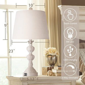 English Elm Touch Dimmer Farmhouse Ceramic Table Lamp Pair with Usb Ports for Bedroom Decor W3355P465453