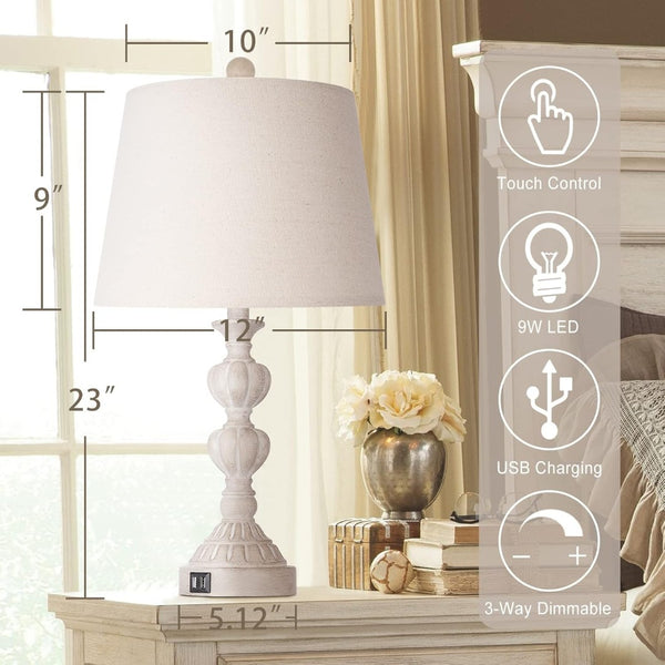 English Elm Touch Dimmer Farmhouse Ceramic Table Lamp Pair with Usb Ports for Bedroom Decor W3355P465453