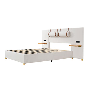 English Elm Full Upholstered Platform Bed with Velvet Headboard, Dual USB Outlets, Built-In Pillows & Shelves Beige WF324744AAA