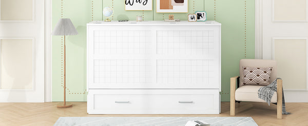 English Elm Queen Mobile Murphy Bed with Drawers & Side Shelves, White Fold-Up Queen Wall Bed for Guests SM000317AAK