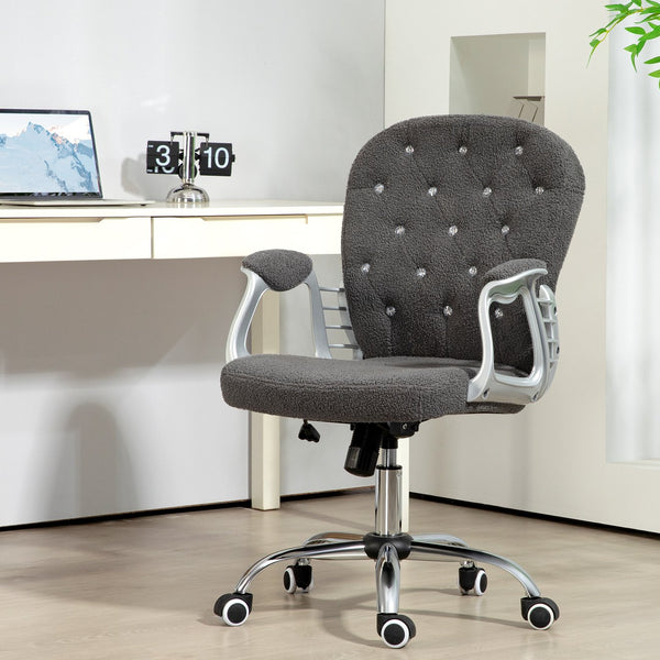 English Elm Vinsetto Teddy Fleece Home Office Chair with Plush Button Tufting, Adjustable Height & Swivel Wheels Dark Gray W2225P249594