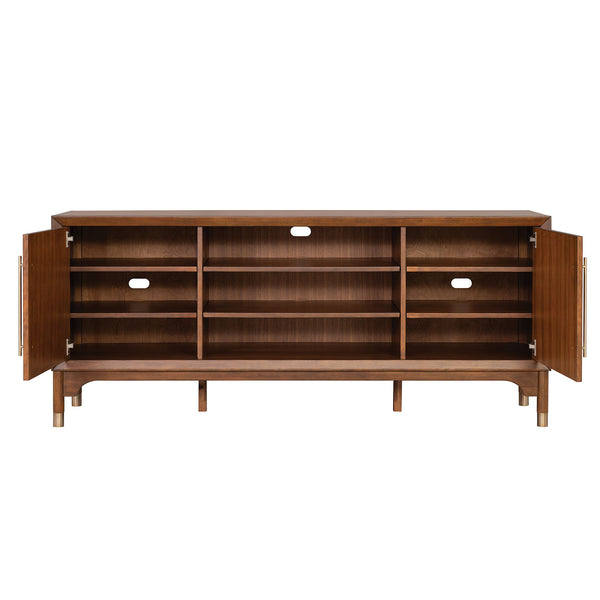 English Elm Mid-Century TV Stand with Gold-Capped Legs and Adjustable Shelves, Retro Modern 70" Media Console Walnut 73 L x 21 W x 31 H B2741P395431