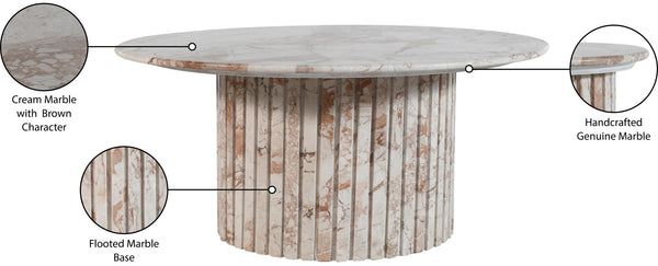 Meridian Furniture Genoa Round Marble Coffee Table with Elegant Fluted Base for Modern Living Room Decor Cream 248Breccia-CT