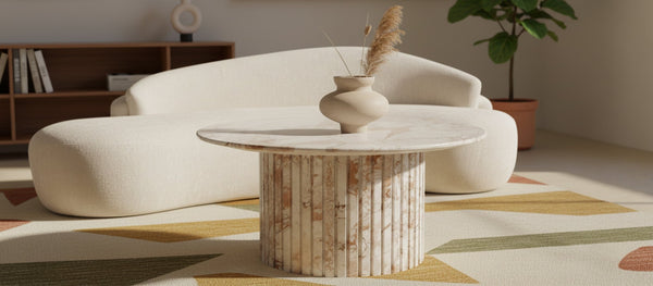 Meridian Furniture Genoa Round Marble Coffee Table with Elegant Fluted Base for Modern Living Room Decor Cream 248Breccia-CT
