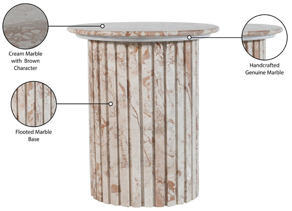 Meridian Furniture Genoa Marble End Table with Fluted Column Base for Living Room or Bedroom Decor Cream 248Breccia-ET