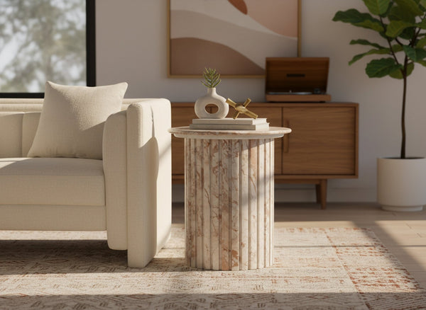 Meridian Furniture Genoa Marble End Table with Fluted Column Base for Living Room or Bedroom Decor Cream 248Breccia-ET