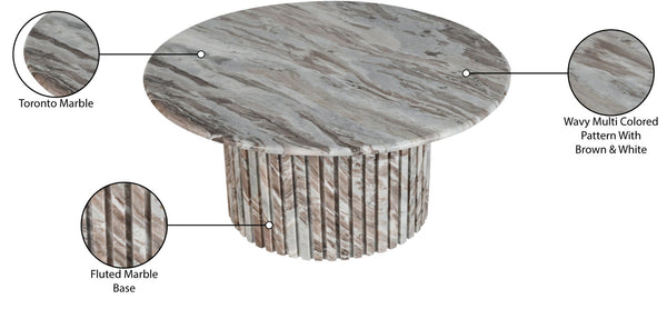 Meridian Furniture Genoa Round Marble Coffee Table with Elegant Fluted Base for Modern Living Room Decor Brown 248Brown-CT