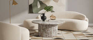 Meridian Furniture Genoa Round Marble Coffee Table with Elegant Fluted Base for Modern Living Room Decor Brown 248Brown-CT