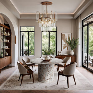 Meridian Furniture Genoa Round Marble Dining Table with Elegant Fluted Base Seats Four in Modern Style Brown 248Brown-DT48