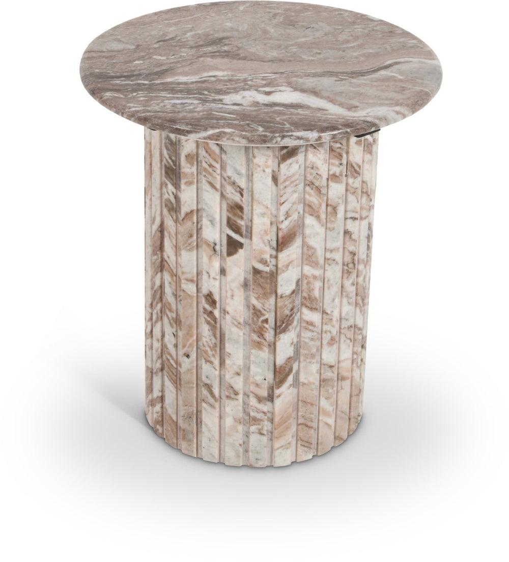 Meridian Furniture Genoa Marble End Table with Fluted Column Base for Living Room or Bedroom Decor Brown 248Brown-ET