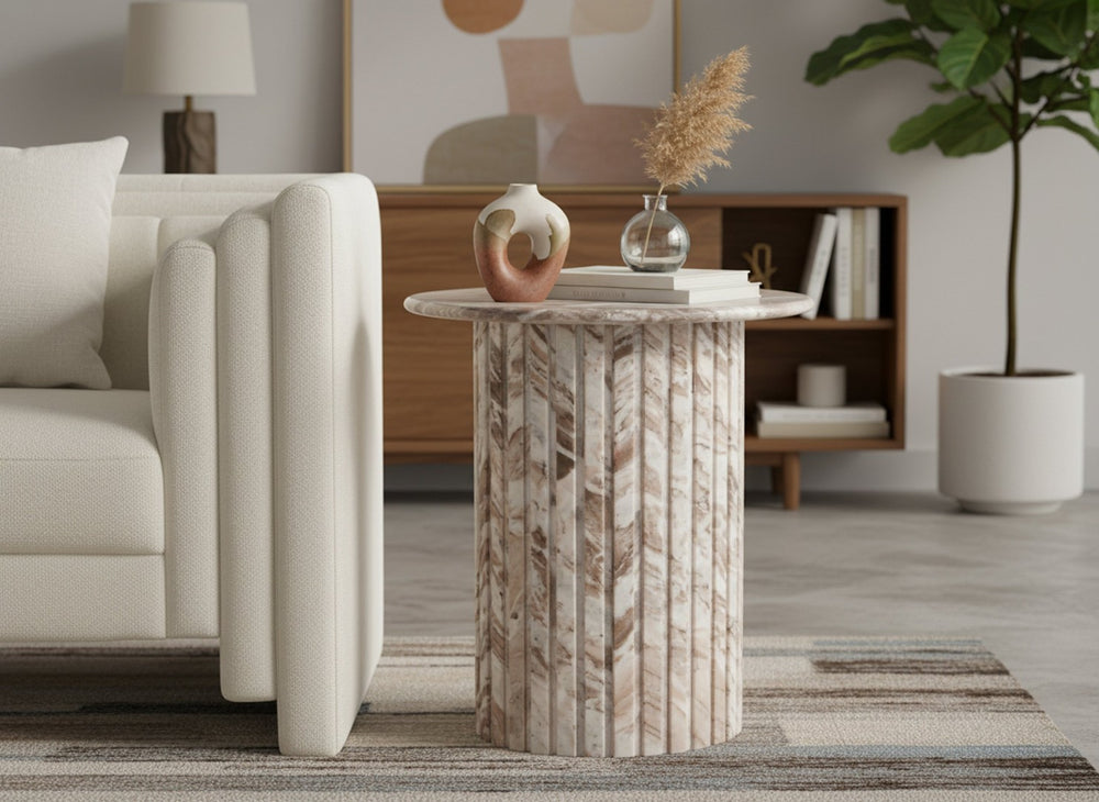 Meridian Furniture Genoa Marble End Table with Fluted Column Base for Living Room or Bedroom Decor Brown 248Brown-ET