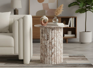 Meridian Furniture Genoa Marble End Table with Fluted Column Base for Living Room or Bedroom Decor Brown 248Brown-ET