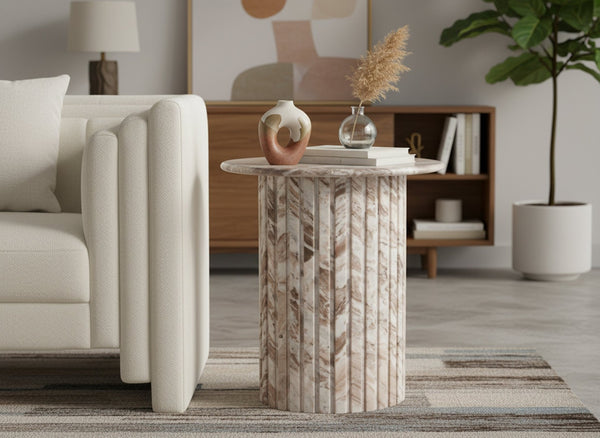 Meridian Furniture Genoa Marble End Table with Fluted Column Base for Living Room or Bedroom Decor Brown 248Brown-ET