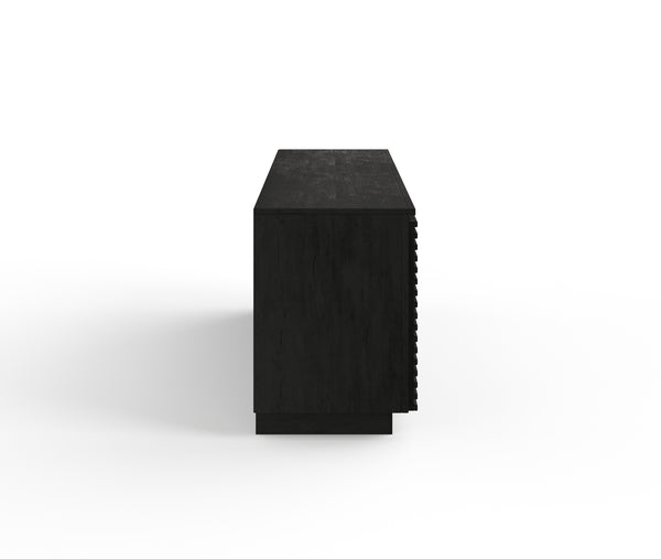 English Elm 74 Inch Three Door TV Stand for TVs up to 85" — Black Poplar & Okume Veneer Console, Cable Management, Fully Assembled, Modern Storage B108P255348