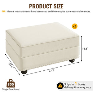 English Elm Velvet Upholstered Modular Ottoman with Solid Wood Frame for Living Room Sofa Pairing Beige White W1885P448707