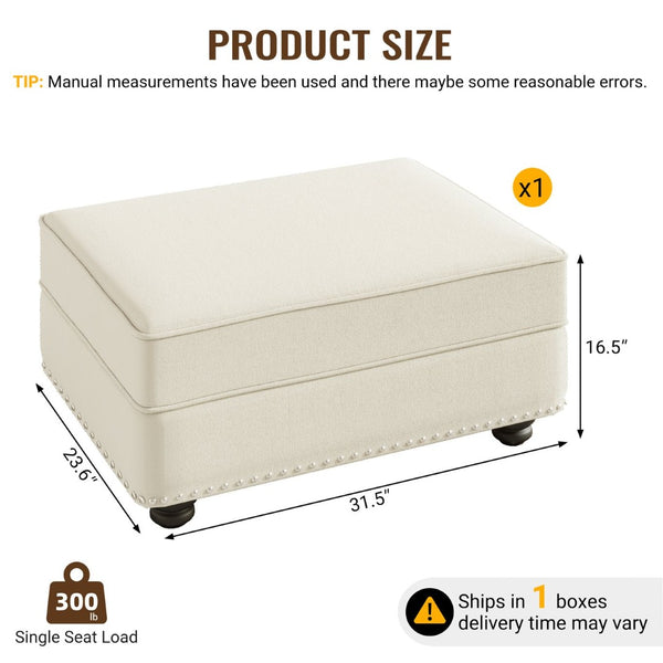 English Elm Velvet Upholstered Modular Ottoman with Solid Wood Frame for Living Room Sofa Pairing Beige White W1885P448707