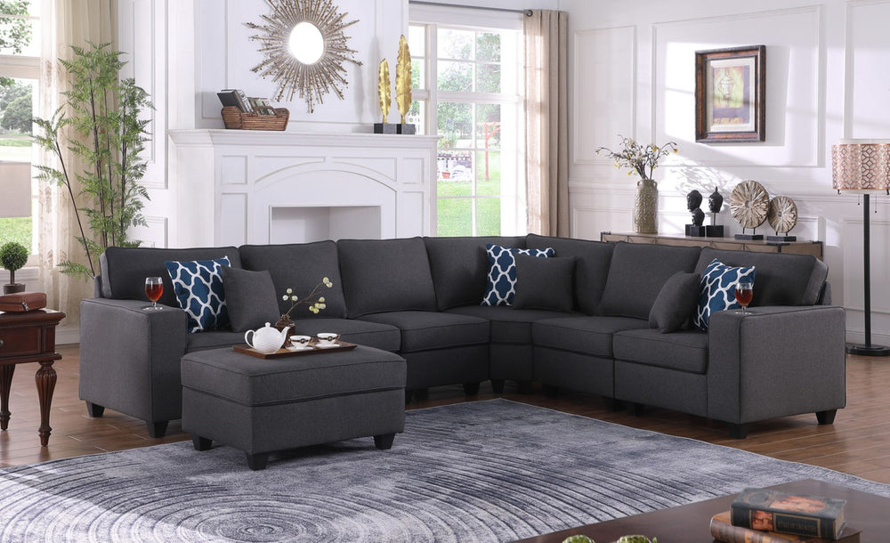 English Elm Cristiano 7 Piece Linen Sectional Sofa Set with Ottoman Cupholders and Throw Pillows B2749S00107