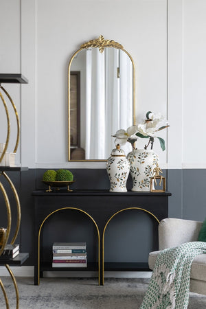 English Elm 47.2x15.7x31.9" Matte Black Wood Console Table with Arched Legs Gold Accents Shelf W2078P476728